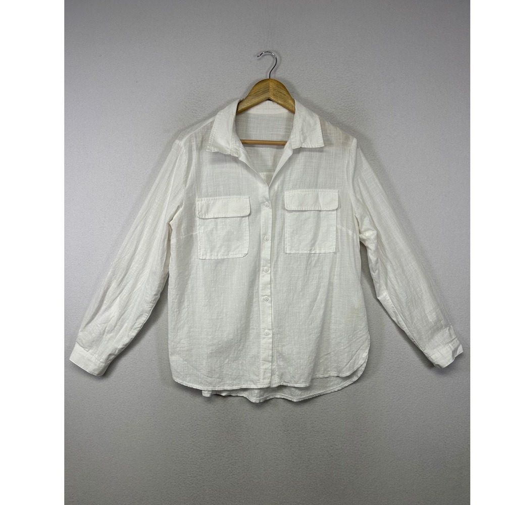 Coastal Summer Women Large White Linen Blend Button‎ Down Pocket Shirt KF0172